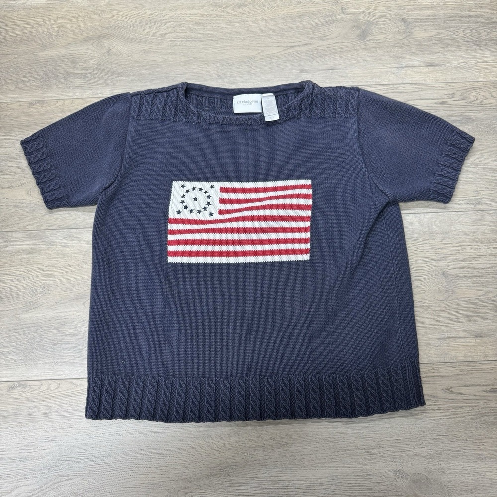 VTG Liz Claiborne Knit Flag Sweater S/S Sz M Preppy Academia Casual - Picture 2 of 10